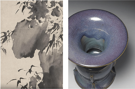 Left: Detail of Xu Wei, Peony, Bamboo and Rocks, hanging scroll, Ming (1368-1644) Collection of the Shanghai Museum  Right: Detail of a Jun Ware Flower Vase in the Form of an Archaic Bronze Zun Vessel, Ming Dynasty (15th Century) Collection of the National Palace Museum, Taipei 